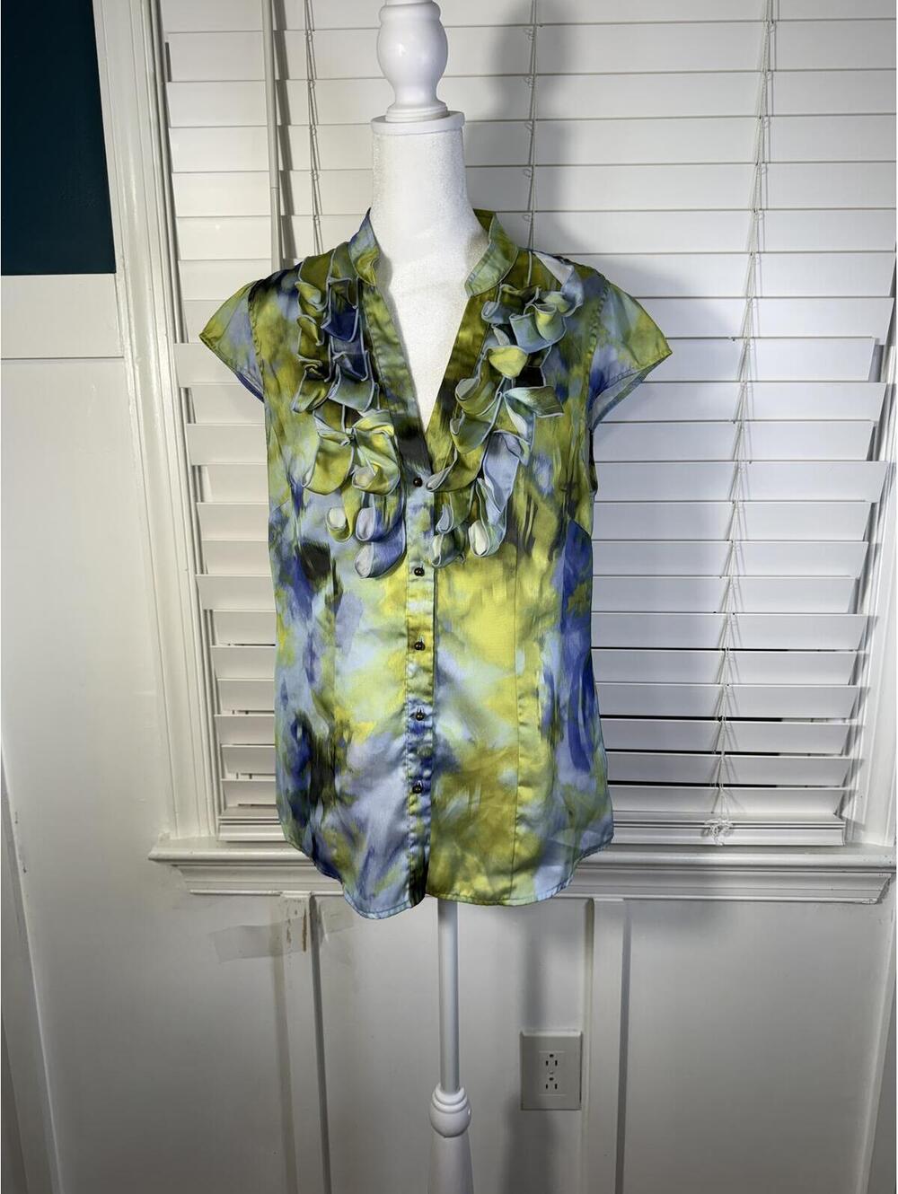 New York & Company Watercolor Ruffle Blouse - Size 10 - Blue & Lime Green Floral